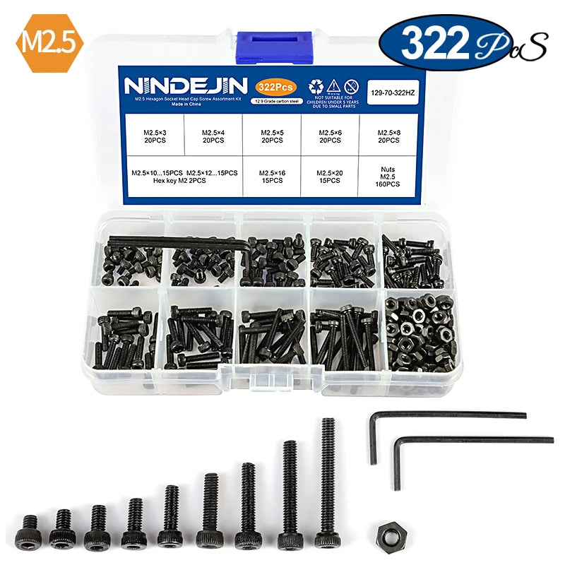 NINDEJIN hex hexagon socket head cap screw nut 12.9 grade carbon steel m2 m2.5 m3 m4 m5 m6 screw set bolt and nut assortment kit