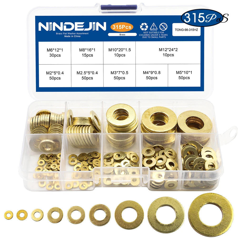 NINDEJIN Brass Flat Washer Set 280/315pcs M2-M12 Metric Brass Plain Washer Flat Gasket Fastener Pure Copper Ring for Screw Bolt - KiwisLove