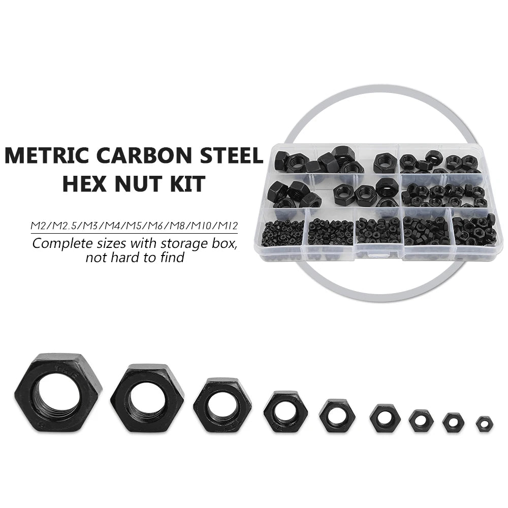 NINDEJIN 326pcs Metric Black Hex Nuts Assortment Kit 8.8 Grade Carbon Steel M2 M2.5 M3 M4 M5 M6 M8 M10 M12 Hexagon Nut Set