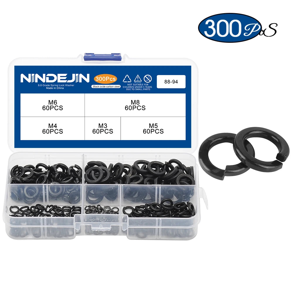 NINDEJIN 300/480pcs lock washers set stainless steel black carbon steel m2 m2.5 m3 m4 m5 m6 m8 m10 m12 spring lock washer assortment kit - KiwisLove