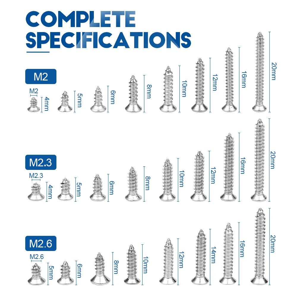 960pcs/set Cross Flat Head Micro Mini Screw Set Stainless Steel M2 M2.3 M2.6 Self Tapping Small Screw Kit for Laptop Notebook