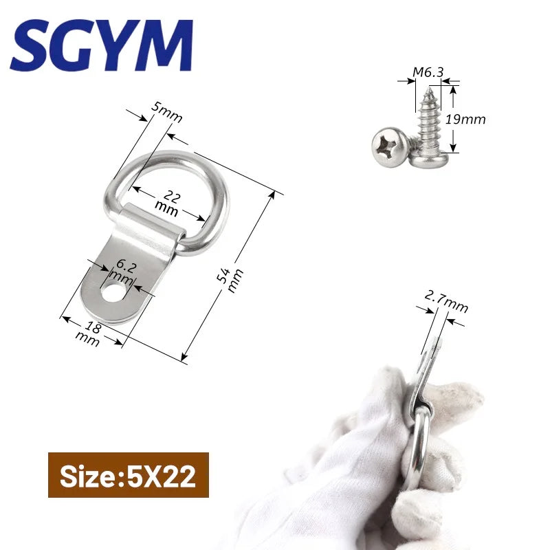 6/8pcs 5*22mm 304 Stainless Steel D Ring Picture Hangers with Screws D Ring Hanging Single Hole D Anchors Hooks