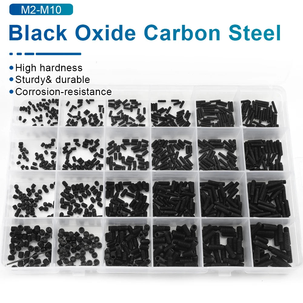 NINDEJIN Hex Socket Cup Point Set Screw M2 M2.5 M3 M4 M5 M6 M8 12.9 Carbon Steel Headless Allen Head Grub Screw Assortment Kit