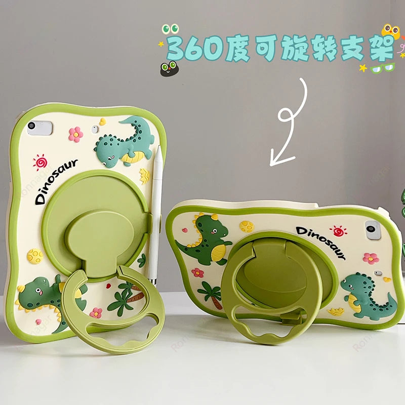 3D Cute Dinosaur Case for iPad Air6 2024 11'' 10.2 9th 10th 10.9 Air4 5 Pro11 M4 9.7 Mini4/5/6 Cartoon Boys Girls Silicon Stand