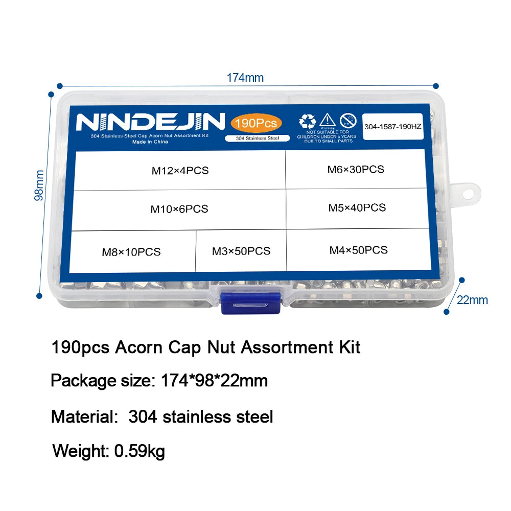 NINDEJIN 190pcs Acorn Nut Kit M3 M4 M5 M6 M8 M10 M12 Stainless Steel Hexagon Dome Cap Nut Set Blind Nut Assortment Kit