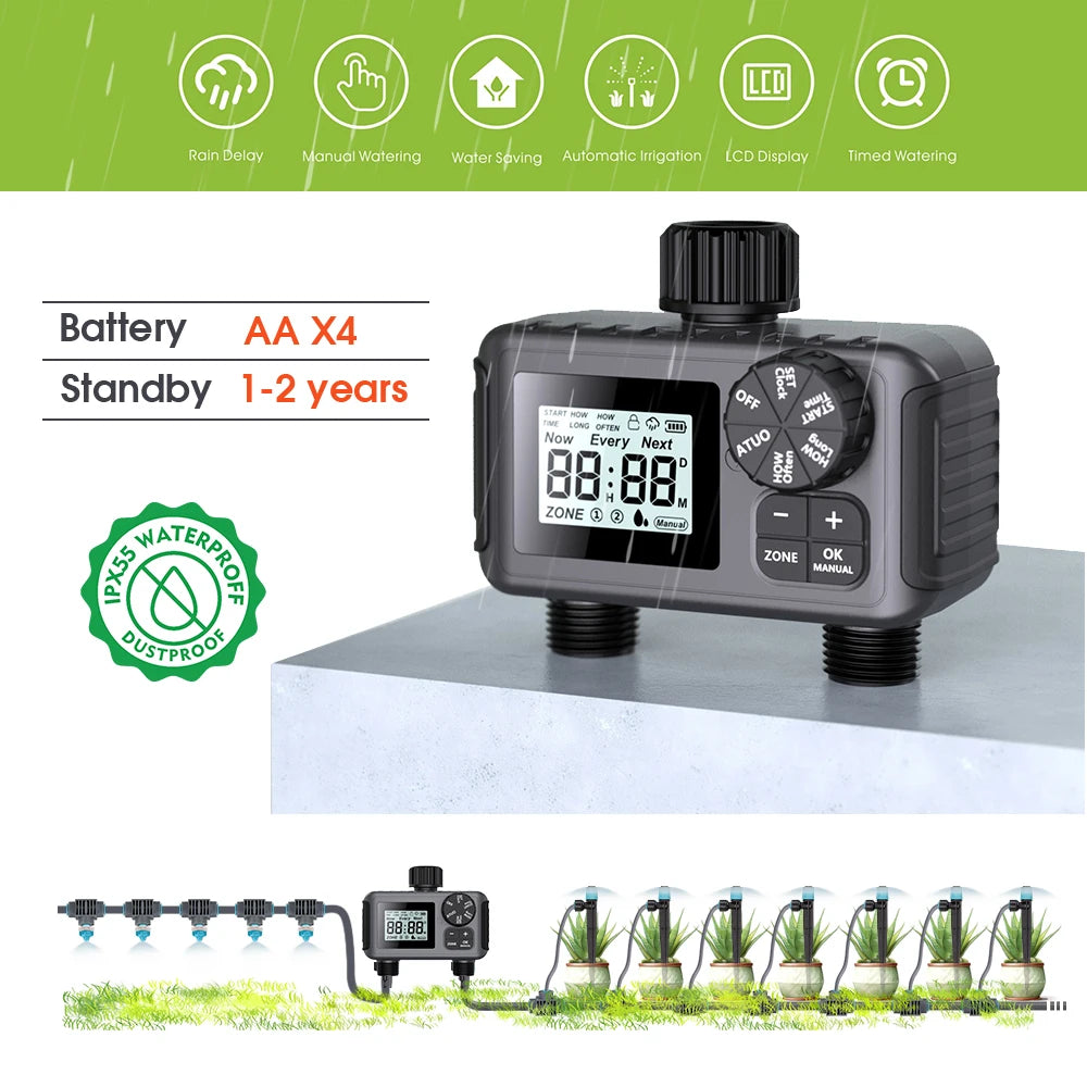 New 3/4 "2 Way Garden Intelligent LCD Digital Timer Automatic Programming Watering Controller for Greenhouse Plant Irrigation Sy