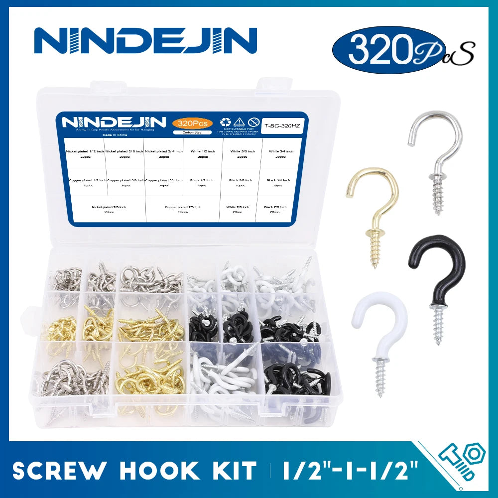 NINDEJIN 66/100/320/340pcs Screw Hook Kitchen Cup Ceiling Hook Kit Eye Screw Bend Hook Kit for Wood Wall Hanging