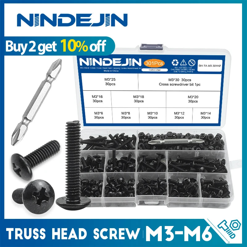 NINDEJIN Truss Head Machine Screw Kit M3 M4 M5 M6 Black Carbon Steel Mushroom Big Truss Head Phillips Machine Screw and Nut Set