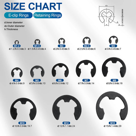 NINDEJIN E Clip Set 395pcs 810pcs M1.2-M15 Black Carbon Steel E-clip Assortment Kit External Retaining Clips Circlip Washer - KiwisLove