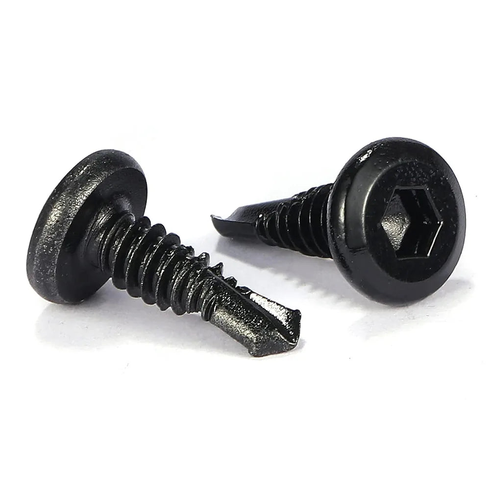 NINDEJIN 20pcs Flat Head Hex Socket Cap Self Drilling Screw Black Zinc 410 M5 M5.5 #12 Self Tapping Sheet Metal Screws