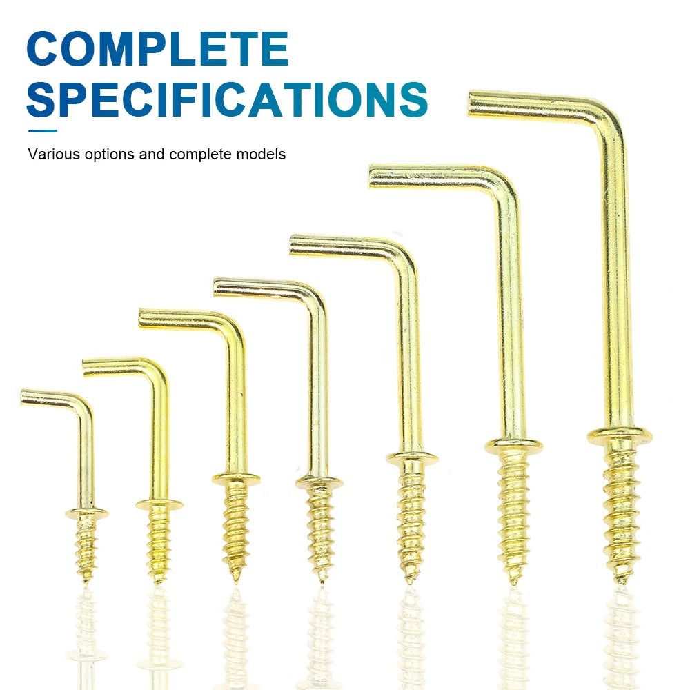 NINDEJIN 1/2"~1-1/2" Square Bend Hooks Kit Brass Plated L-Shaped Right Angle Screw Hook Self Tapping Screw in Hook for Hanging - KiwisLove