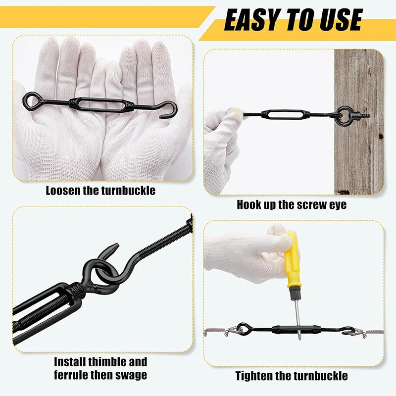 Black M4 Eye and Hook Turnbuckle 304 Stainless Steel Wire Rope Tension Device Shading Net Tarpaulin Installation Flange Bolt