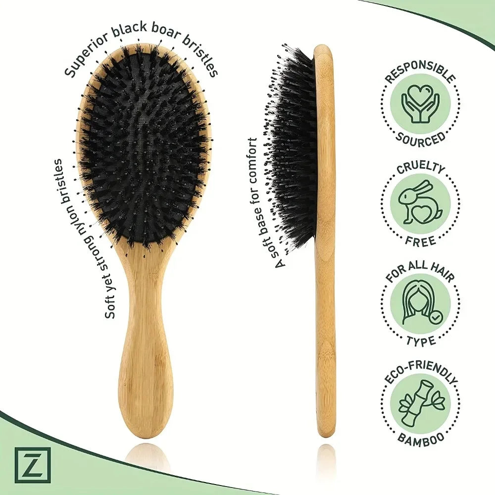 Natural Boar Bristle Hair Brush Bamboo Handle Scalp Massage Comb Anti-static Hair Comb Gasbag Detangling Hair Brush Styling Tool - KiwisLove
