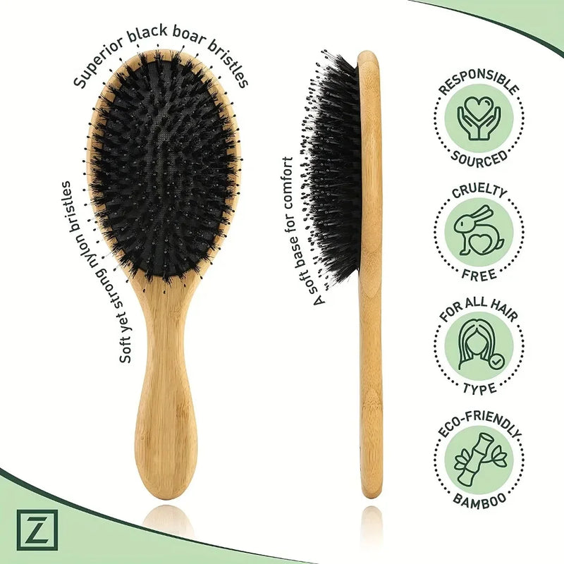 Natural Boar Bristle Hair Brush Bamboo Handle Scalp Massage Comb Anti-static Hair Comb Gasbag Detangling Hair Brush Styling Tool