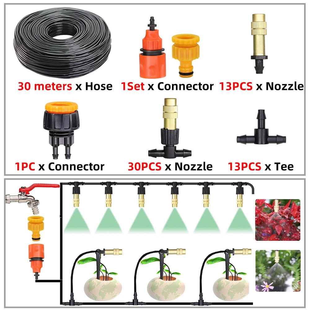 5M-30M Garden Brass Misting Cooling System Irrigation Watering 1/4'' Atomizer Nozzles 4/7mm Hose for Outdoor Greenhouse Pot