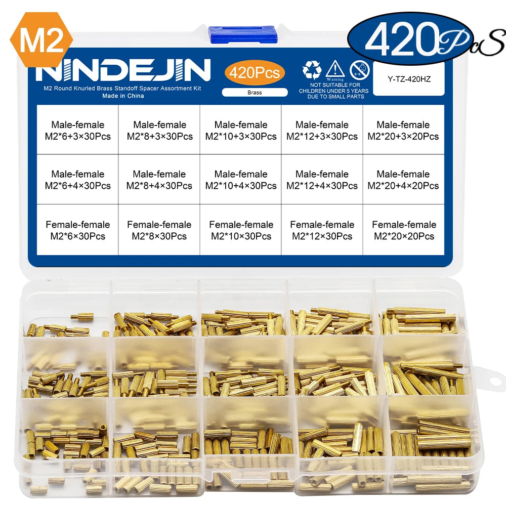 NINDEJIN 420/440Pcs Knurled Round Brass Standoff Spacer Kit M2 Male-Female Round Motherboard Pcb Standoff with Screws Nuts Set