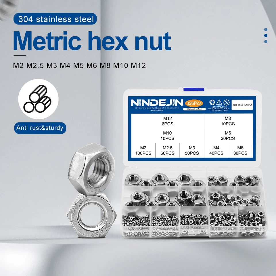 NINDEJIN Hexagon Nuts Assortment Kit M2 M2.5 M3 M4 M5 M6 M8 M10 M12 Stainless Steel Metric Hex Nuts Set DIN934