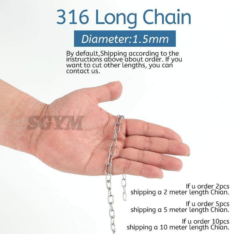 1.2-8MM Diameter Highly Polished Welded Marine 316 Stainless Steel Long Link Chain for Lifting Binding Pet clothes line