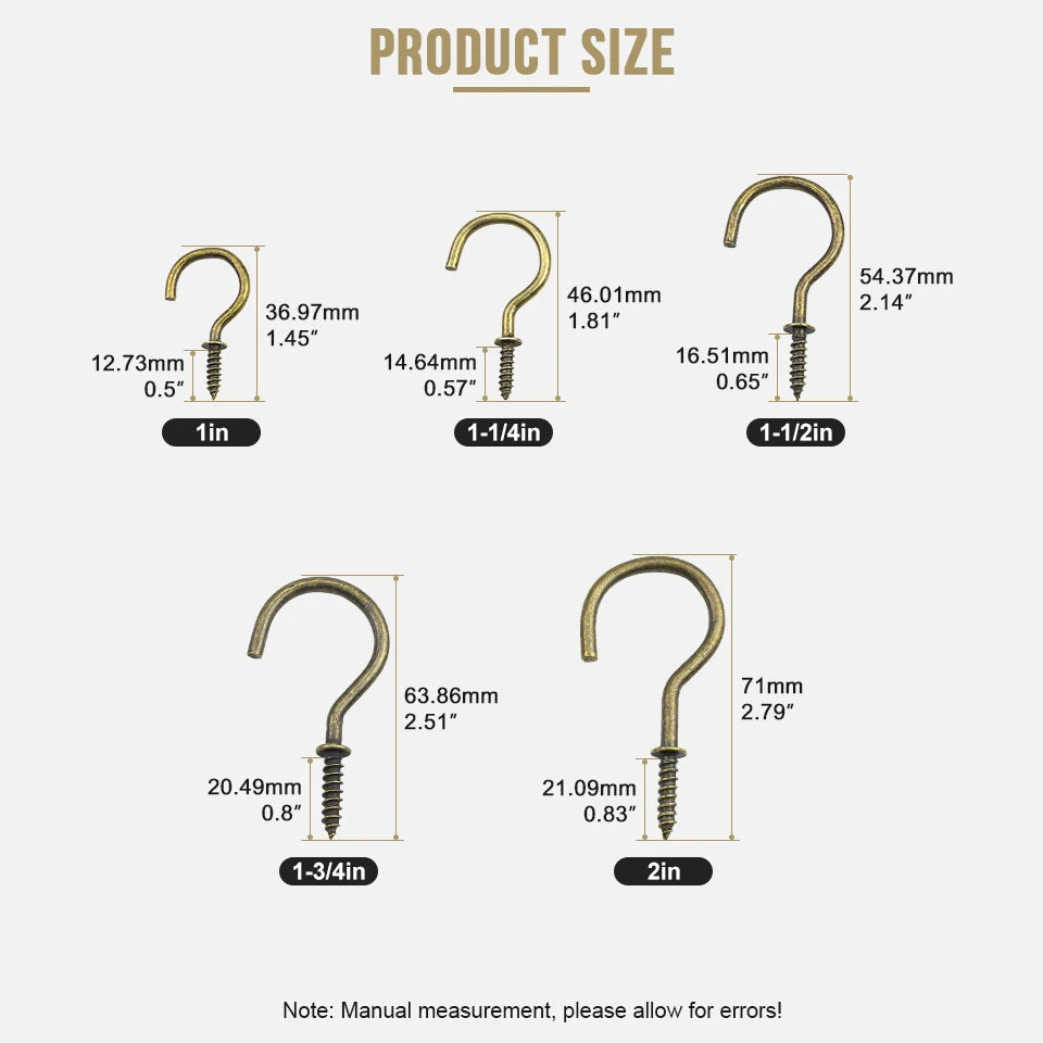 NINDEJIN Bronze Screw Hooks 1/2" 3/4" 1" Carbon Steel Heavu Duty 2" Screw-in Kitchen Cup Wall Ceil Hooks for Hanging Plant Light - KiwisLove