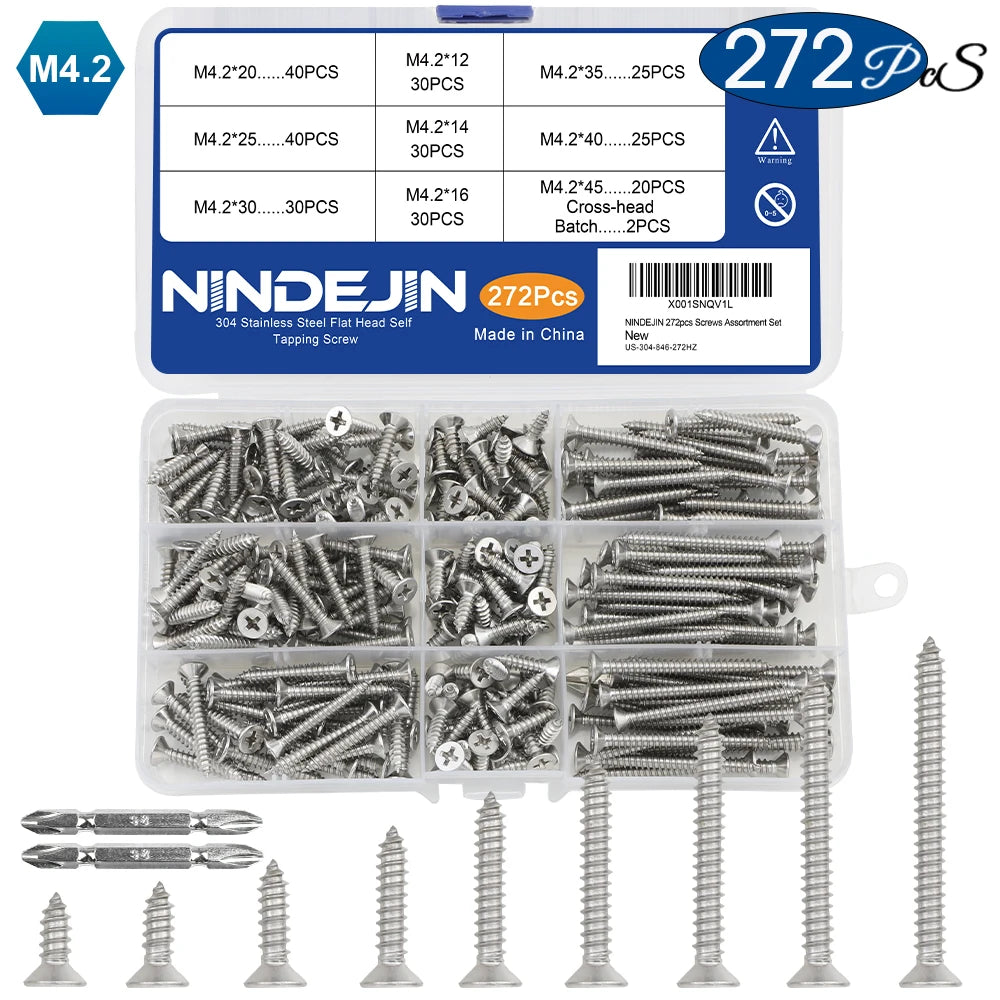 NINDEJIN Self Tapping Screw Set M3 M4 M5 Cross Flat Head Phillips Screw Assorted Kit Stainless Steel Wood Screw for metal sheet