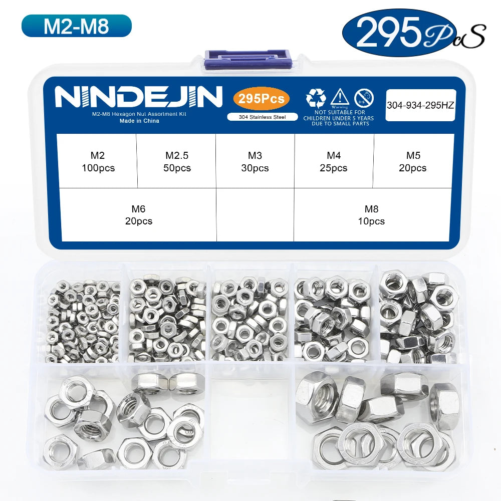 NINDEJIN Hexagon Nuts Assortment Kit M2 M2.5 M3 M4 M5 M6 M8 M10 M12 Stainless Steel Metric Hex Nuts Set DIN934