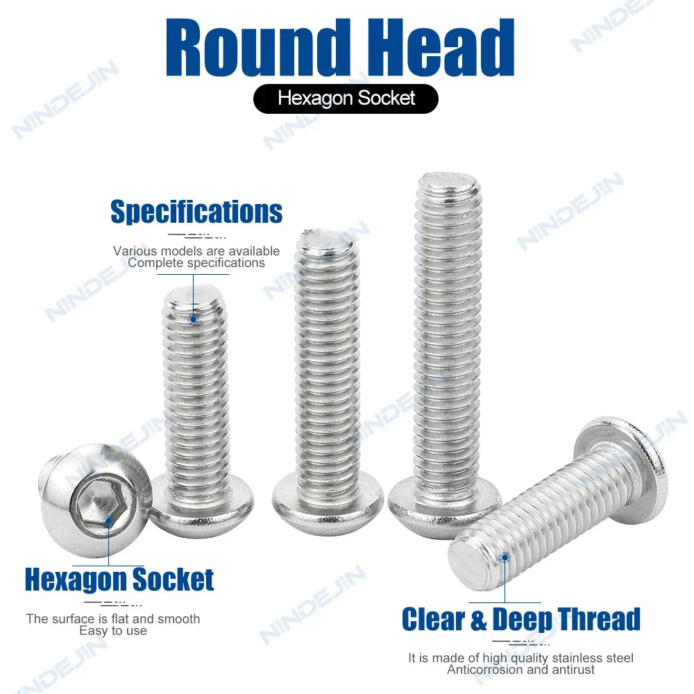 NINDEJIN M2 M2.5 M3 M4 M5 M6 M8 M10 Hexagon Hex Socket Button Head Screws Stainless Stee Round Head Allen Screw Bolts ISO7380