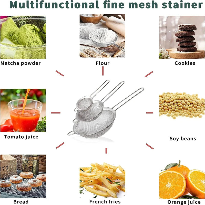 Fine Mesh Stainless Steel Strainer Sieve Juice Egg Filter Colanders Coffee Tea Vegtables Filtering Food Kitchen Accessories