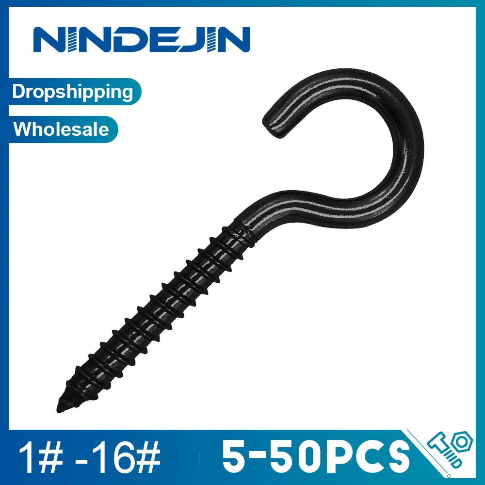 NINDEJIN 5-50pcs Screw Hooks Ceiling Cup Hook Black Zinc Plating Steel 1#-16# Screw Eyes for Hanging Lights Plant Hanger - KiwisLove