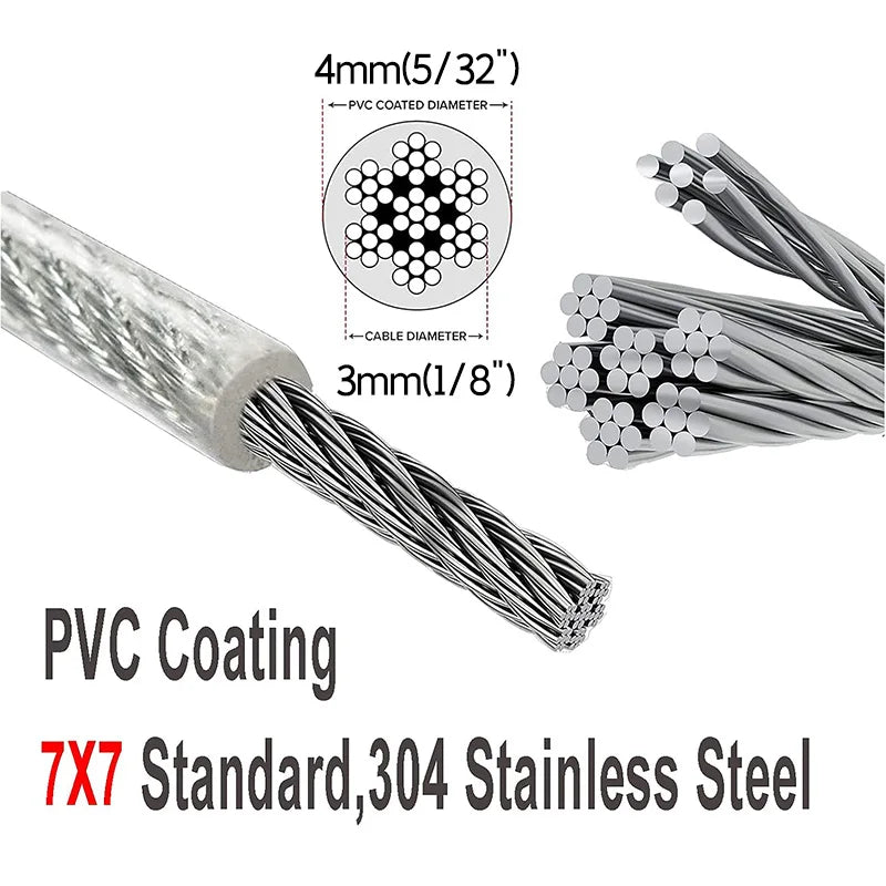 Heavy duty Cable Kit 20M/4mm Stainless Steel Wire Rope PVC Coated For Climbing Plants Garden  Clothesline