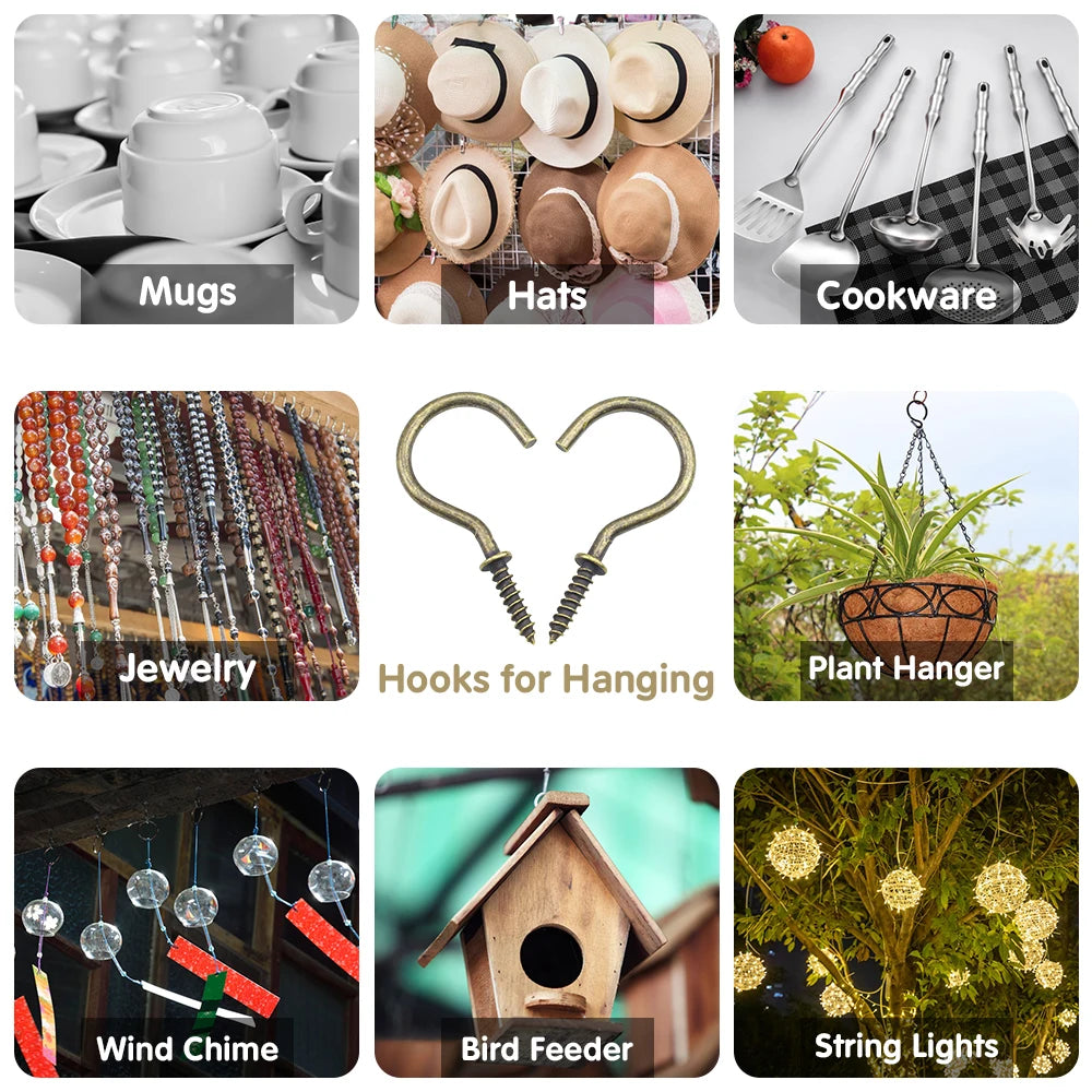 NINDEJIN Bronze Screw Hooks 1/2" 3/4" 1" Carbon Steel Heavu Duty 2" Screw-in Kitchen Cup Wall Ceil Hooks for Hanging Plant Light - KiwisLove