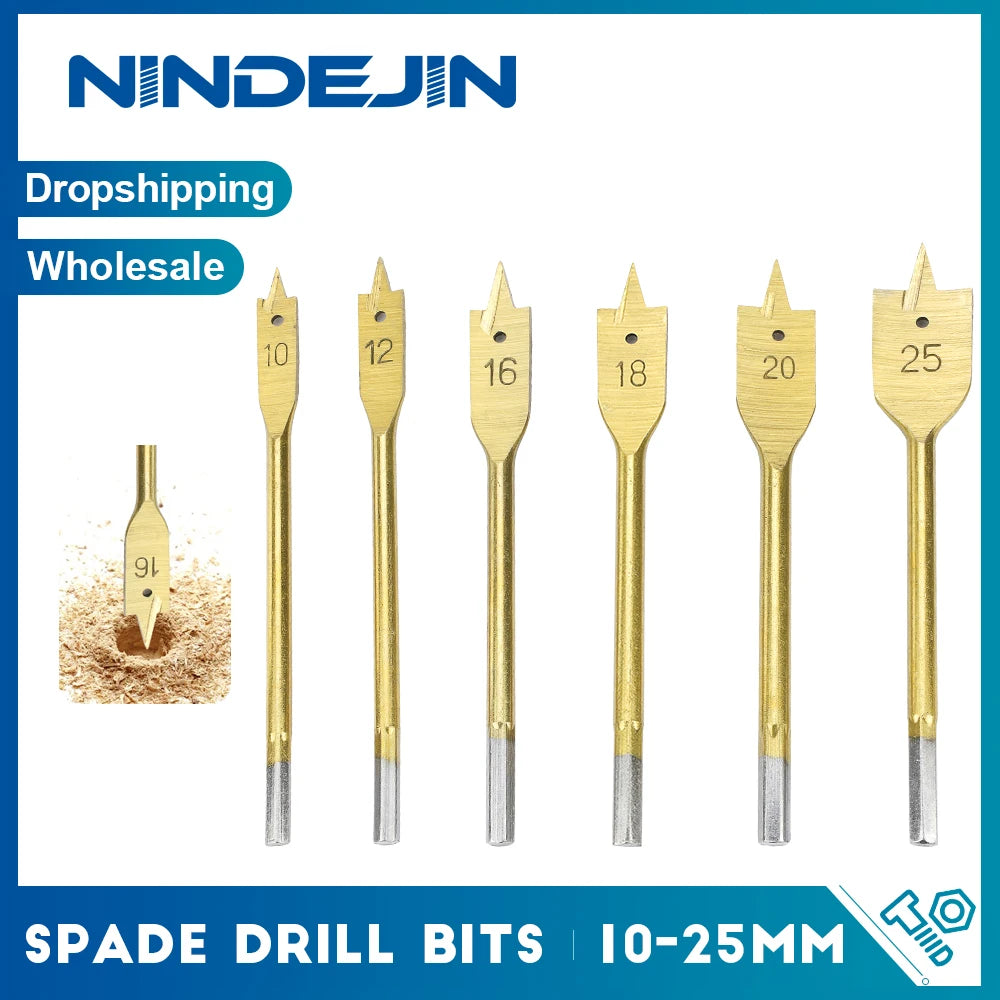 NINDEJIN 6pcs Woodworking Spade Drill High Speed Steel Titanium Coated Three Point Wood Drill Carpentry Tools 1/4 Hex Shank - KiwisLove