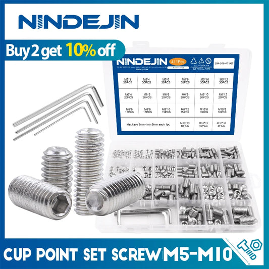 NINDEJIN 411pcs 1084pcs Hex Socket Grub Screw Kit M2-M10 Stainless Steel Cup Point Headless Set Screw Assortment Kit