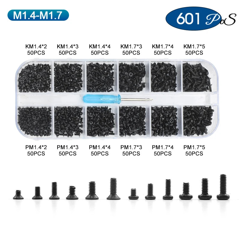 NINDEJIN Cross Phillips Mini Laptop Screw Set M1 M1.2 M1.4 M1.7 M2 M2.5 Black Micro Electronic Screw Kit for Computer Phone