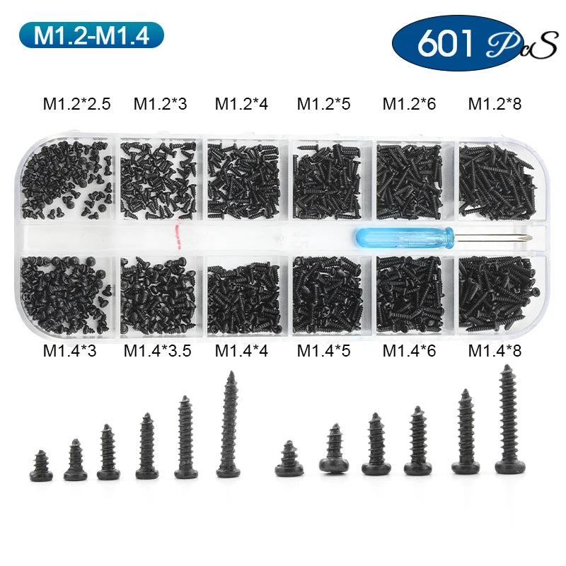 NINDEJIN Phillips Micro Screw Kit M1 M1.2 M1.4 M1.7 M2 Carbon Steel Electronic Small Tapping Screw Set for Glasses Phone Watches