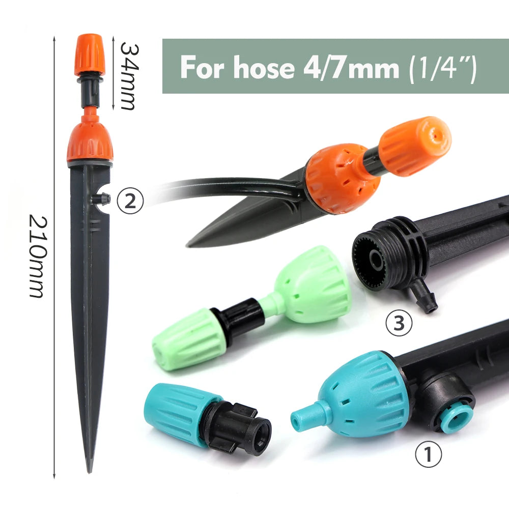 Garden 1/4" 4/7mm 2-IN-1 Drip Misting Nozzle with Stake Adjustable Water Flow Quick Insert Connect Barb Irrigation Fitting Tool