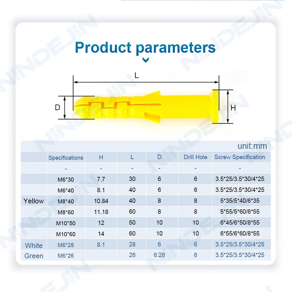NINDEJIN 20-100pcs Plastic Expansion Anchors Drywall Anchors M6 M8 M10 Plastic Anchor Wall Plugs for Screw