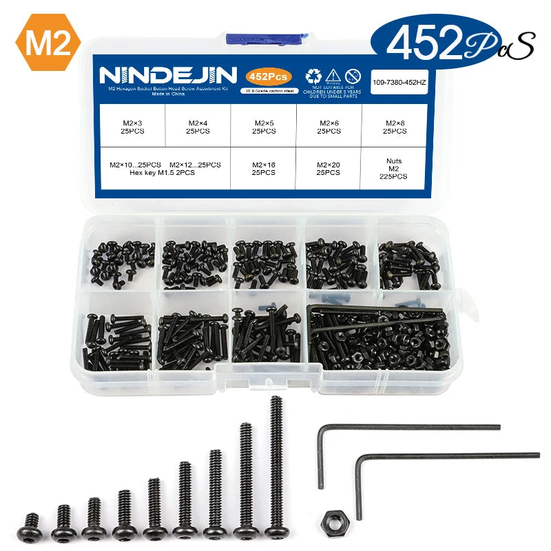 NINDEJIN hex hexagon socket button head screw nut carbon steel m2 m2.5 m3 m4 m5 m6 allen round head screw set bolt and nut set