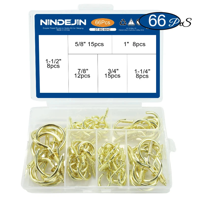 NINDEJIN 66pcs Heavy-duty Screw Hooks Kit Carbon Steel Screw-in Hook Hanger Ceil Cup Hook for Hanging Mug Plant Decorative Screw