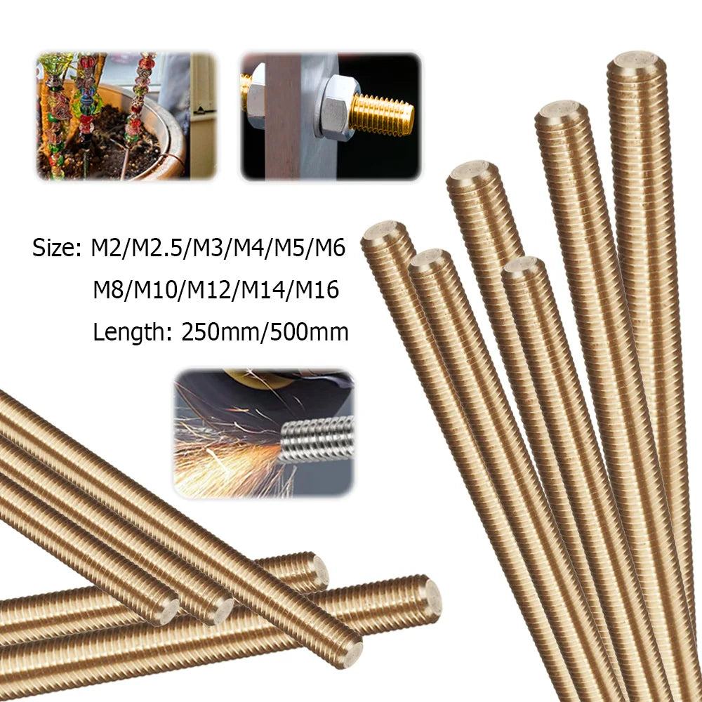 1pcs Brass Thread Rod M2 M2.5 M3 M4 M5 M6 M8 M10 M12 M14 M16x250/500MM Brass Metric Bolt Full Thread Shaft Rod Bar Stud