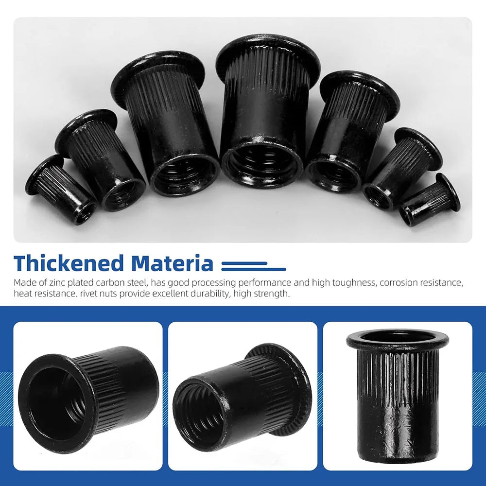 NINDEJIN 10/20pcs Flat Head Rivnut Black Zinc Plated Carbon Steel M3 M4 M5 M6 M8 M10 M12 Knurled Rivet Nut Threaded Insert Nuts - KiwisLove
