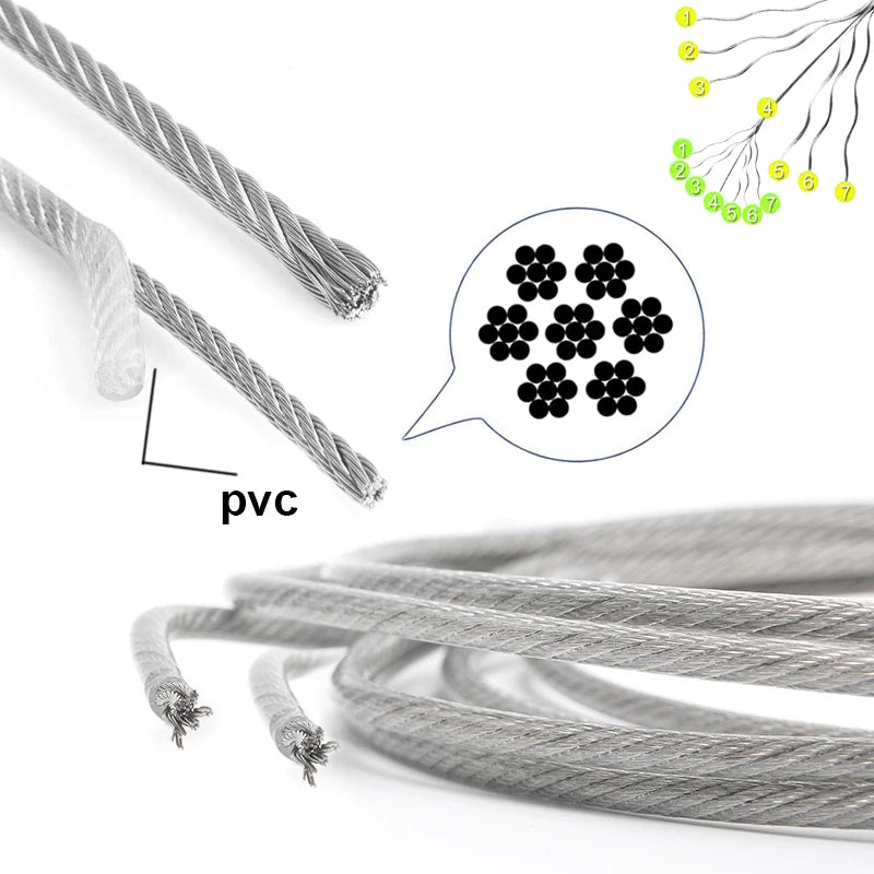 0.6-3mm Plastic Coated Stainlesss Steel Wire Rope 5/10m 7x7Strand Rubberized Rope for Grape Vine Trellis Balcony Climbing Plants