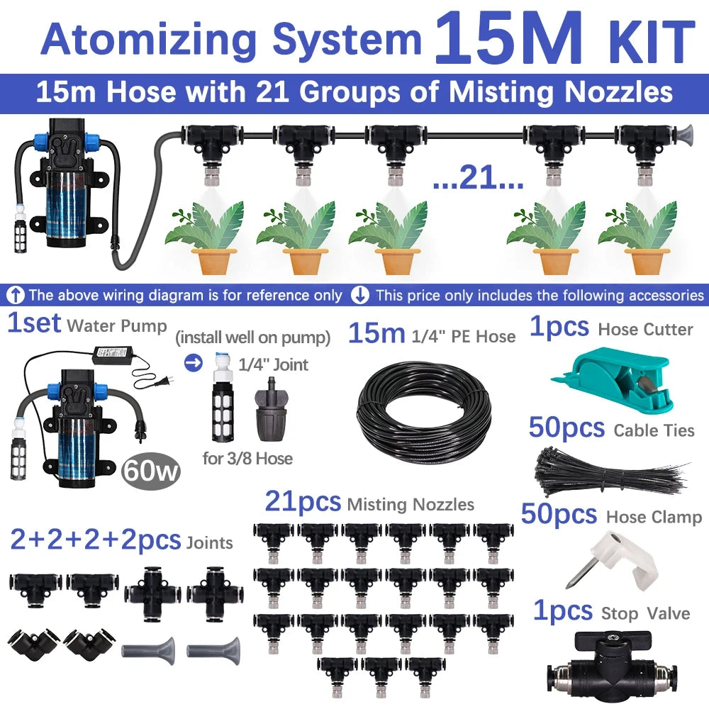 6-18m 0.6mm Misting Cooling System 60W Self-priming Pump Fine Atomization Sprayer for Garden Irrigation Humidification Watering
