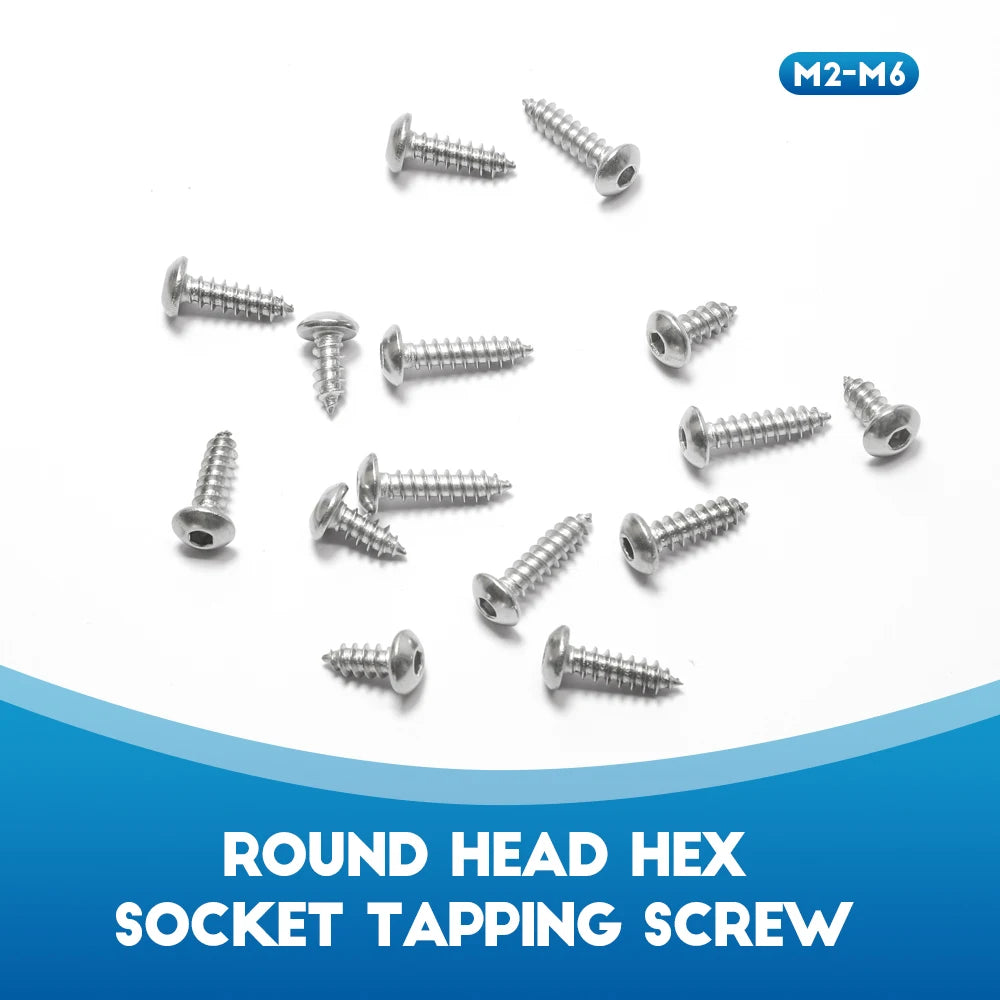 NINDEJIN 5-50pcs Button Head Hex Socket Self Tapping Screw M2 M2.6 M3 M4 M5 M6 Stainless Steel Allen Head Tapping Wood Screw