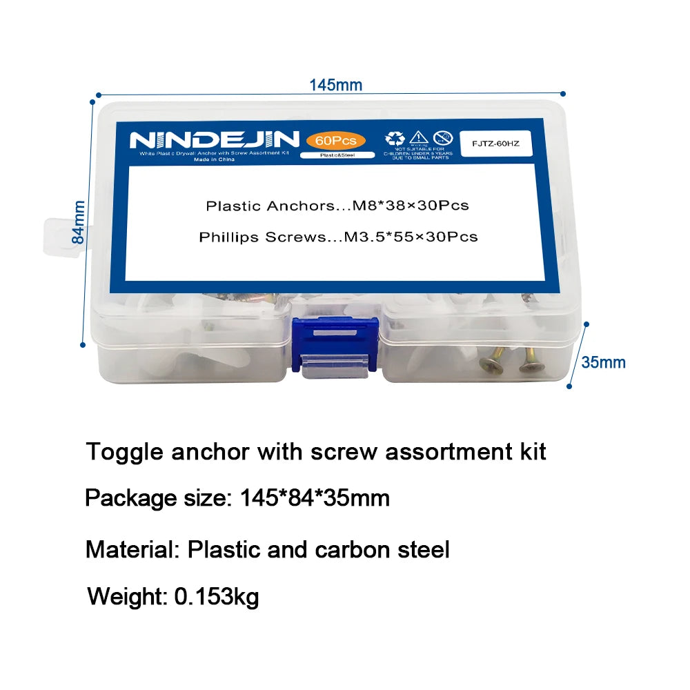 NINDEJIN 60pcs/set Drywall Anchor kit Hollow Wall Anchors with Screws Plastic Wall Anchor Butterfly for Gypsum Board