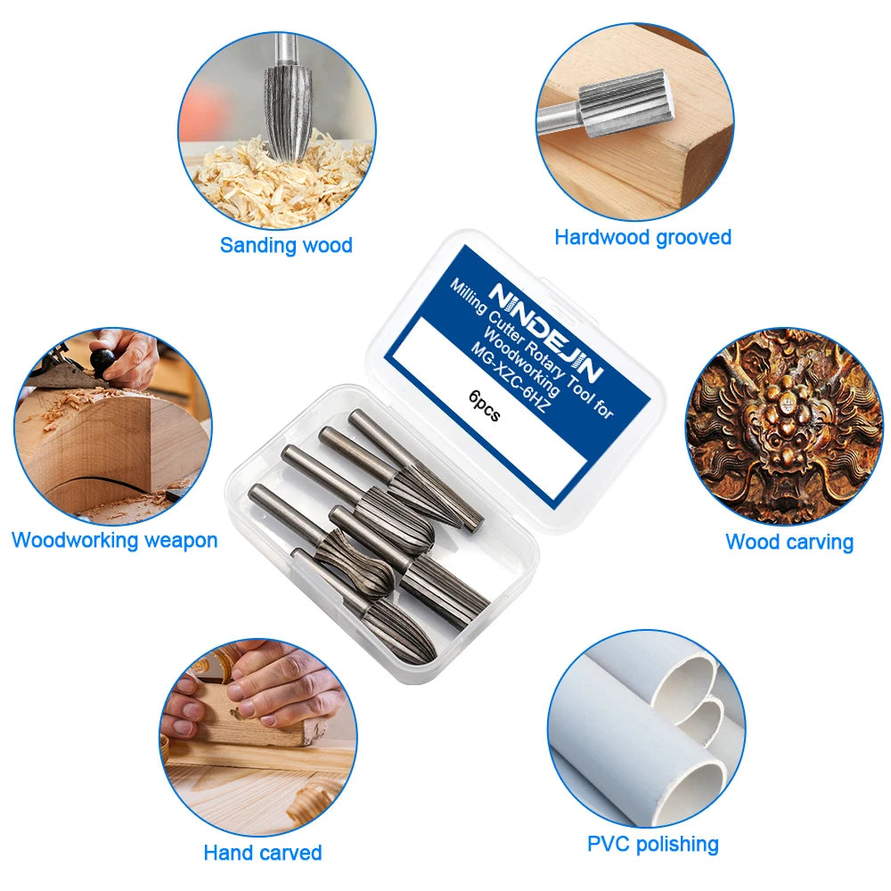NINDEJIN 6pcs/set carbide rotary file 1/4"inch shank carbon steel burr set rotary tool for woodworking drilling metal carving - KiwisLove