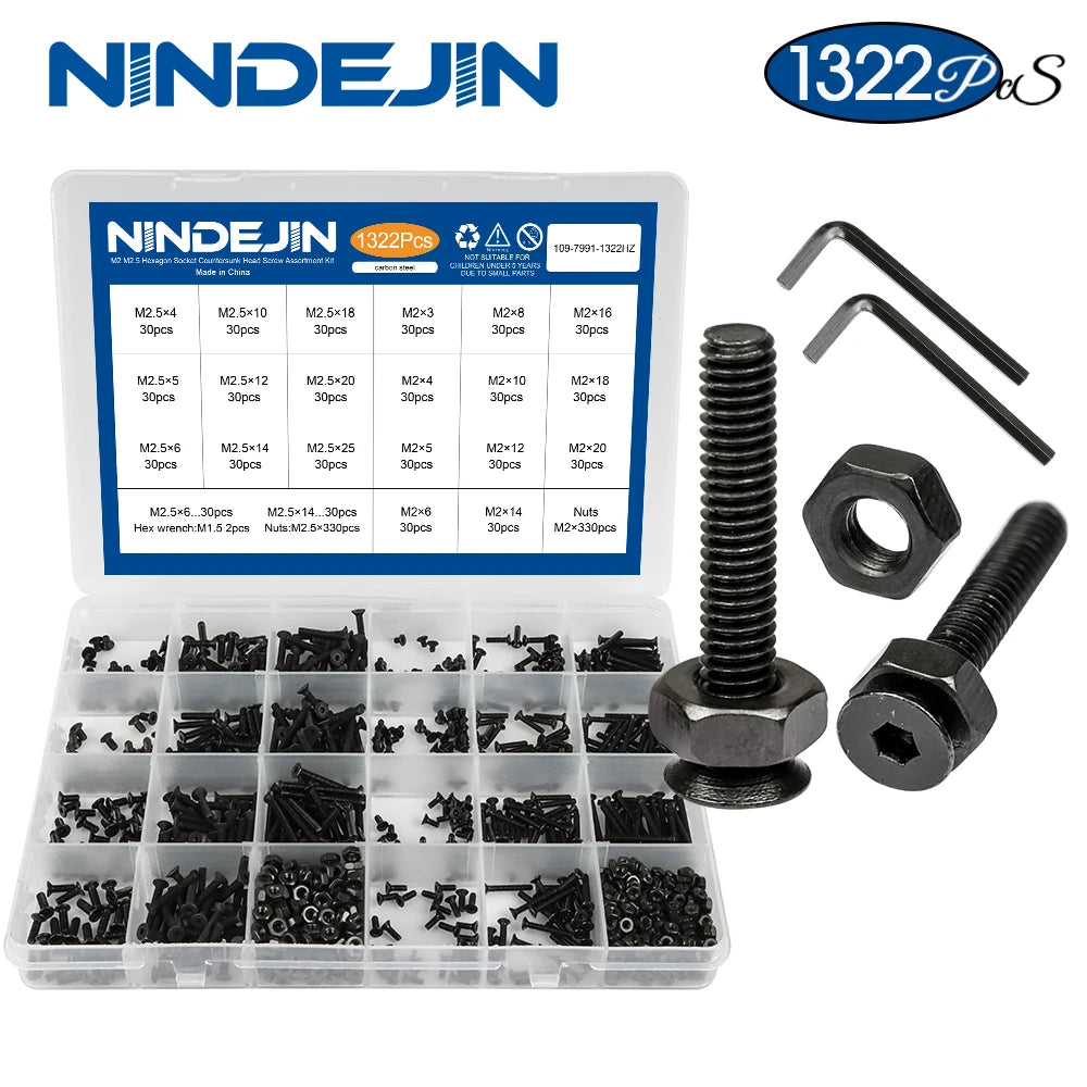 1322pcs/set small Allen bolt screw kit with nut m2 m2.5 carbon steel hex socket round flat cap head screw set