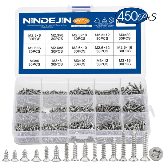 NINDEJIN 450Pcs/Set Cross Countersunk Flat Head Tapping Screws M2.3 M2.6 M3 Phillips Micro Mini Screws Kit for Laptop Phone Watch