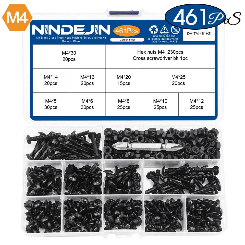 NINDEJIN Truss Head Machine Screw Kit M3 M4 M5 M6 Black Carbon Steel Mushroom Big Truss Head Phillips Machine Screw and Nut Set