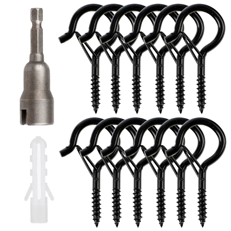 12/20PCS Q-Hanger Screw Black Hooks Ceiling Hooks with Safety Buckle for Plant and Christmas Outdoor String Lights Hooks