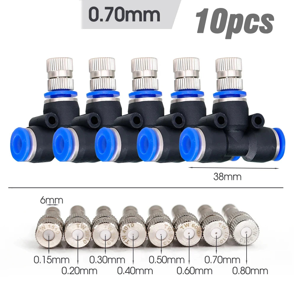 10PCS 6mm Garden Irrigation Blue Black Quick Push Atomizing Nozzle Low Pressure Cooling System Watering Tee Assembly Connector